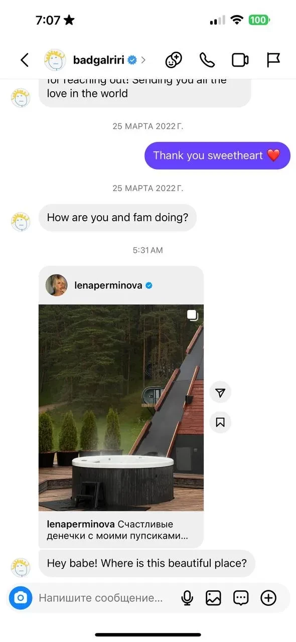 Елена Перминова показала переписку с Рианной. Она поинтересовалась отелем в Калужской области